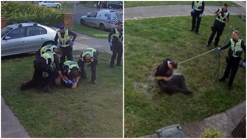 CCTV captured the Preston man being held down, covered with capsicum spray, then hosed down. (Fairfax Media)