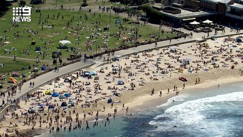 People can be seen here on the sand and grass at Coogee.