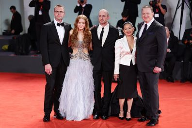 (L-R) Samuel D. Hunter, Sadie Sink, director Darren Aronofsky, Hong Chau, Brendan Fraser attend "The Whale" red carpet at the 79th Venice Film Festival, 2022.