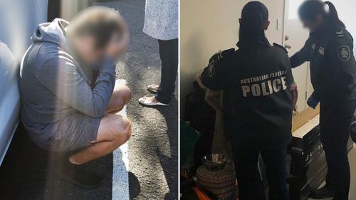 A 30-year-old man (left) is arrested in Sydney, while AFP officers search a house (right).