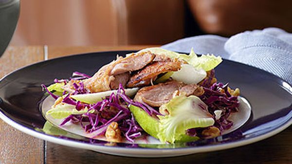 Duck confit salad with walnuts, witlof and red cabbage