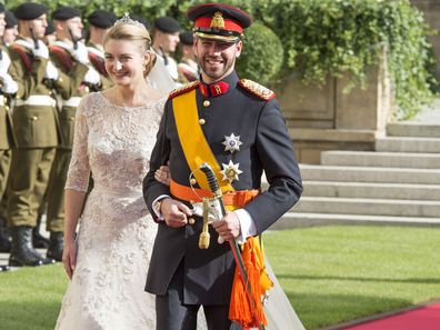 Prince Guillaume Of Luxembourg and Princess Stephanie of Luxembourg leave the Cathedral of our Lady of Luxembourg after their wedding on October 20, 2012 in Luxembourg, Luxembourg