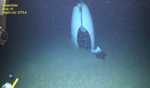 This June 2023 image provided by Pelagic Research Services shows remains of the Titan submersible on the floor of the Atlantic Ocean. 