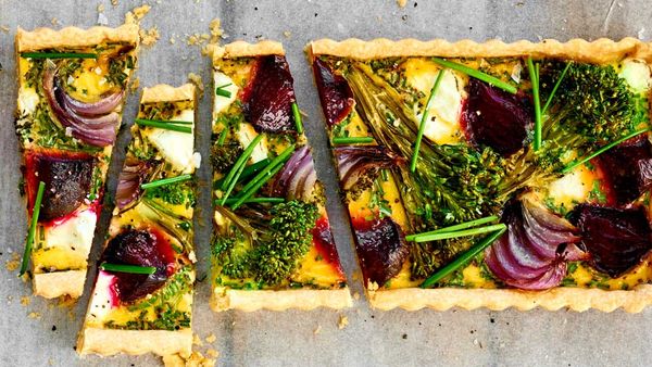 Beetroot, broccoli, goat's cheese and chive tart