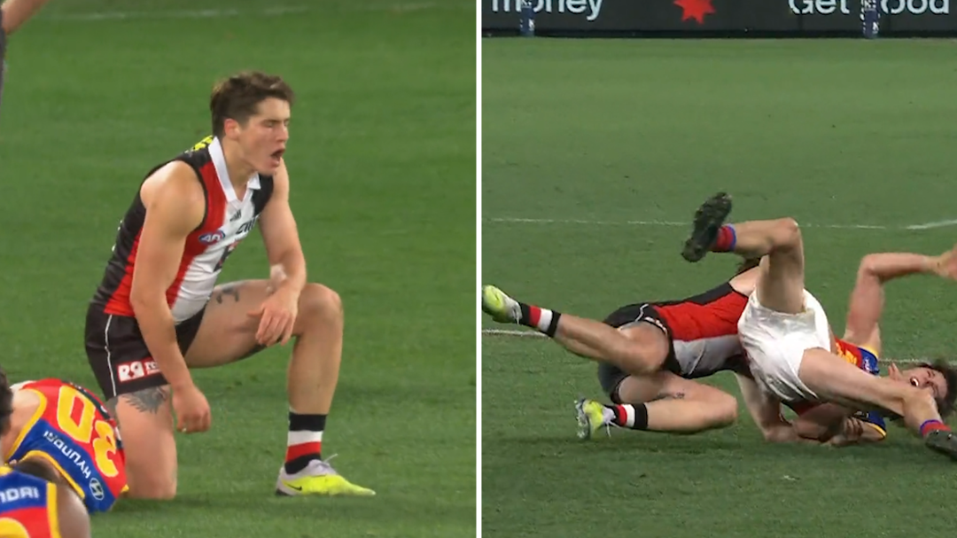 St Kilda's Liam Stocker reported for dangerous tackle on Brisbane's Eric Hipwood