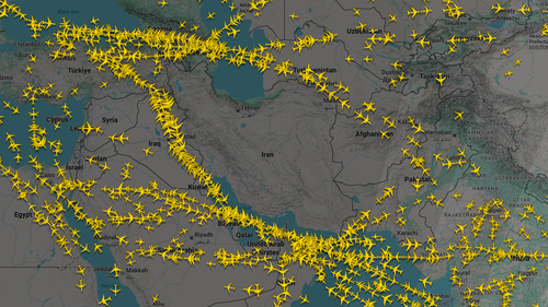 Flights appear to be skirting Iran's borders after it closed its airspace today.
