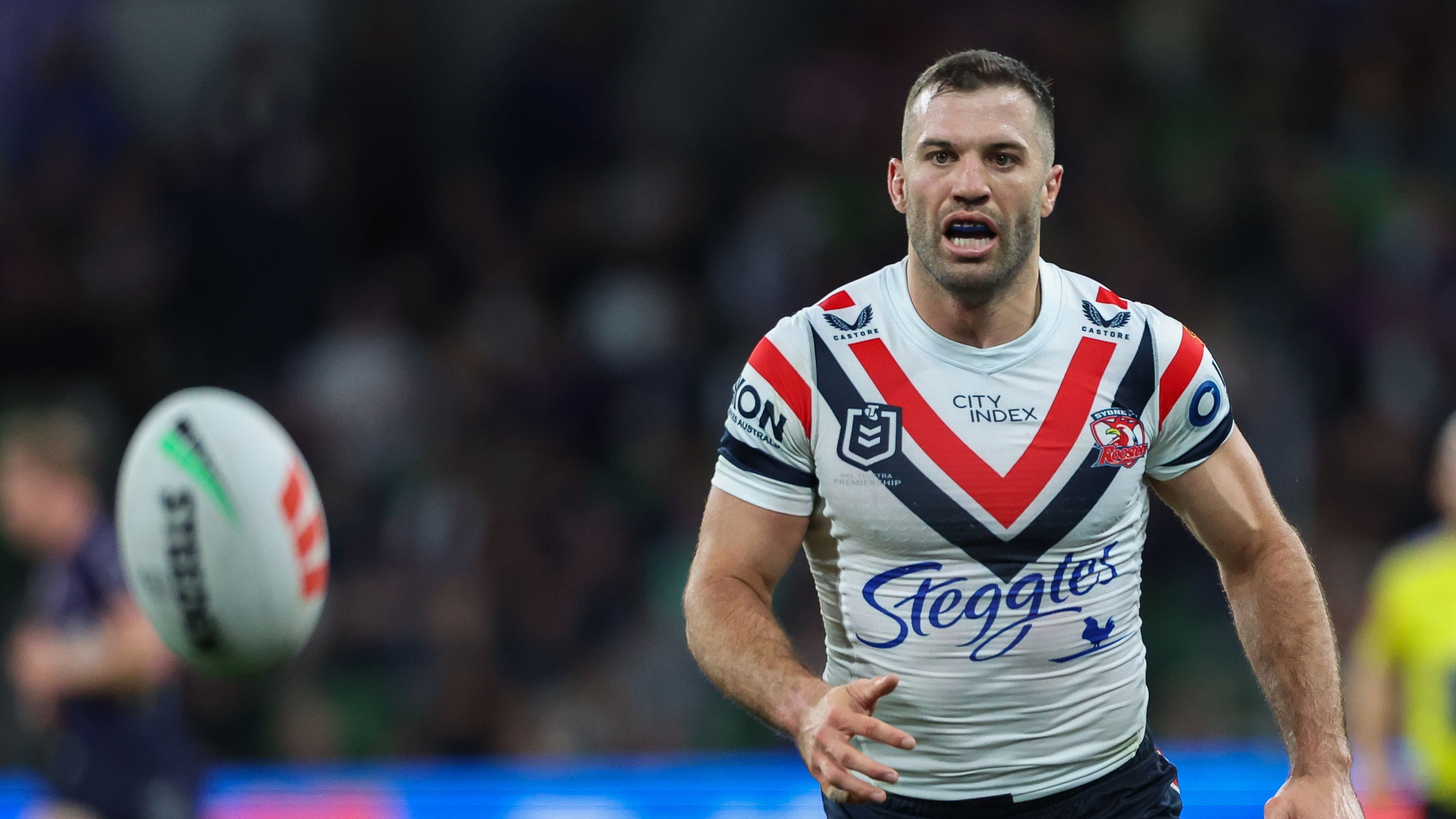 James Tedesco during warm ups for ahead of the semi-final between the Storm and Roosters.