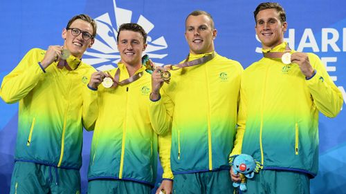 Mack Horton, Elijah Winnington, Kyle Chalmers and Alexander Graham with their gold medals. (Getty)