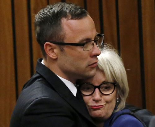 Pistorius is hugged by his aunt Lois during the trial. His family were present during most of the proceedings. (Getty Images)
