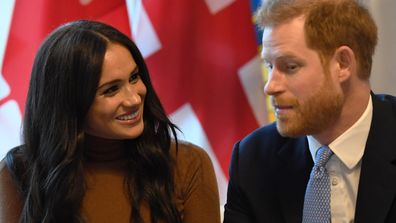 LONDON, UNITED KINGDOM - JANUARY 07: Prince Harry, Duke of Sussex and Meghan, Duchess of Sussex gesture during their visit to Canada House in thanks for the warm Canadian hospitality and support they received during their recent stay in Canada, on January 7, 2020 in London, England. (Photo by DANIEL LEAL-OLIVAS  - WPA Pool/Getty Images)