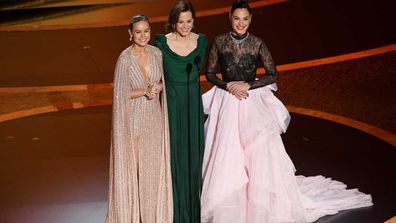 Brie Larson, Sigourney Weaver, and Gal Gadot speak onstage during the 92nd Annual Academy Awards at Dolby Theatre on February 09, 2020.