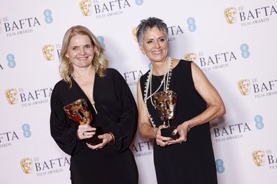 Australian Nikki Barrett and American Denise Chamian, winners of the casting award for 'Elvis', pose for photographers at the 76th British Academy Film Awards, BAFTA's, in London, Sunday, Feb. 19, 2023 