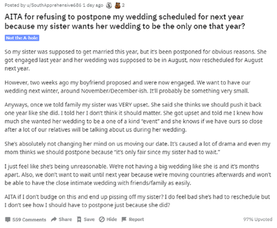 Reddit post sister asked to postpone wedding