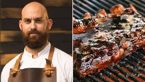 Chef David Pynt / char siu ribs grilling over a barbecue