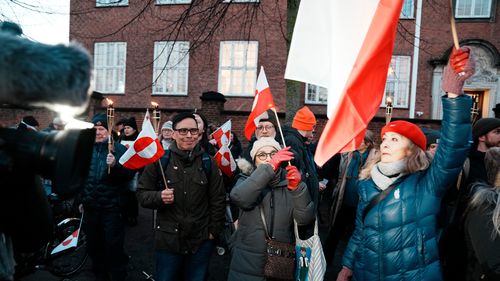The demonstration under the slogan Greenland belongs to the Greenlanders is held in front of the American embassy in Copenhagen, Denmark.