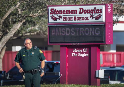 Many Stoneman Douglas students arrived on campus today wearing the burgundy #MSDStrong T-shirts that have become an emblem of the tragedy.