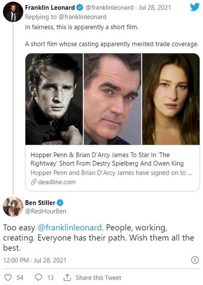 Ben Stiller denies Hollywood nepotism in Twitter debate.