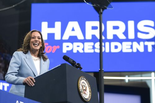 Vicepreședintele Kamala Harris vorbește în timpul unui miting de campanie, 30 iulie 2024, la Atlanta.  