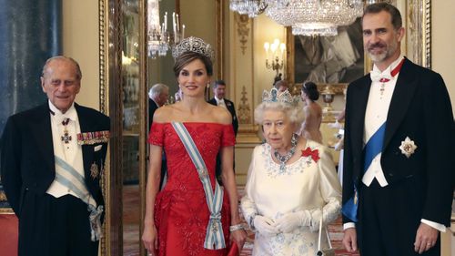 Prince Philip and Queen Elizabeth welcome Spain's King Felipe and Queen Letizia to Buckingham Palace for a state banquet earlier this month.