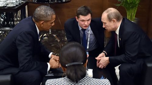 US President Barack Obama speaks with Russian President Vladimir Putin, at the 2015 G-20 summit in Turkey. Source: AAP.
