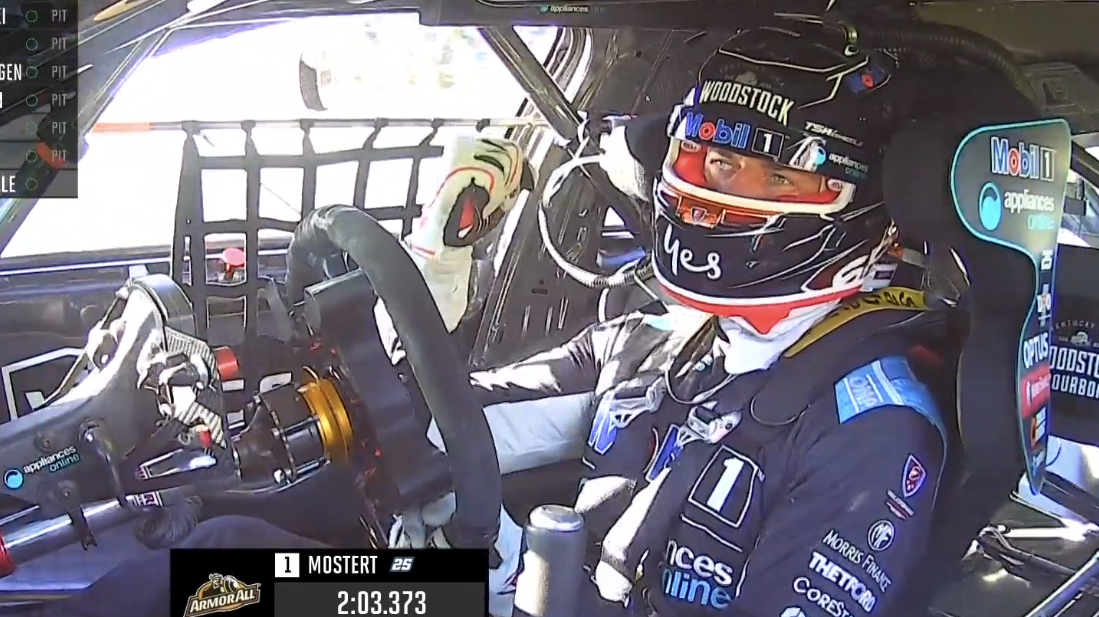 Chad Mostert punches the air after registering the fastest lap in the Top 10 Shootout.