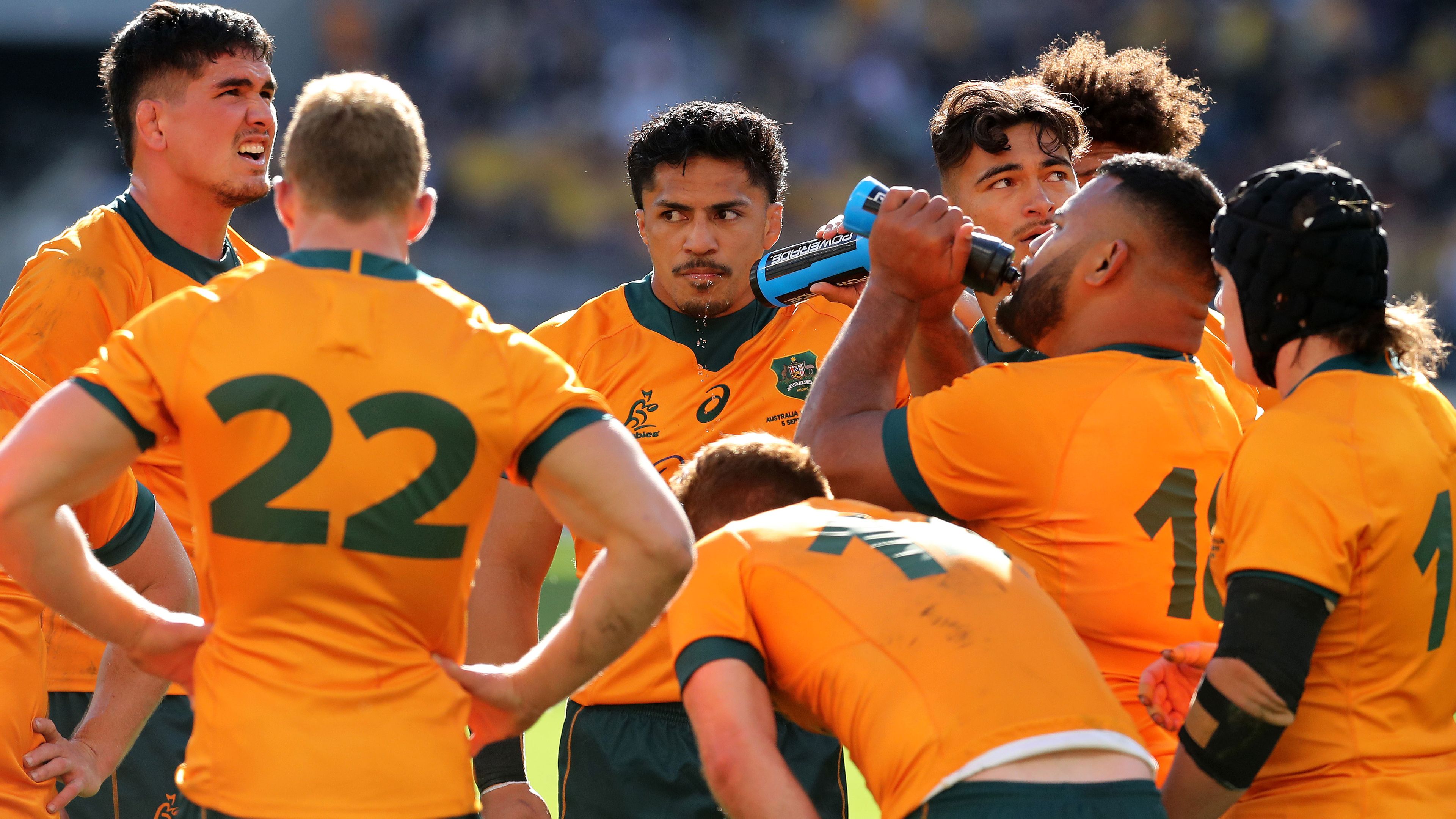 Wallabies players react to an All Blacks try in 2021&#x27;s The Rugby Championship.