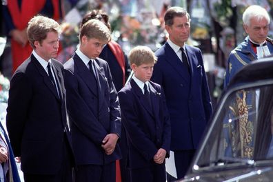 Charles Spencer with Prince Charles, Prince William and Prince Harry at Diana's funeral on 6 September 1997.