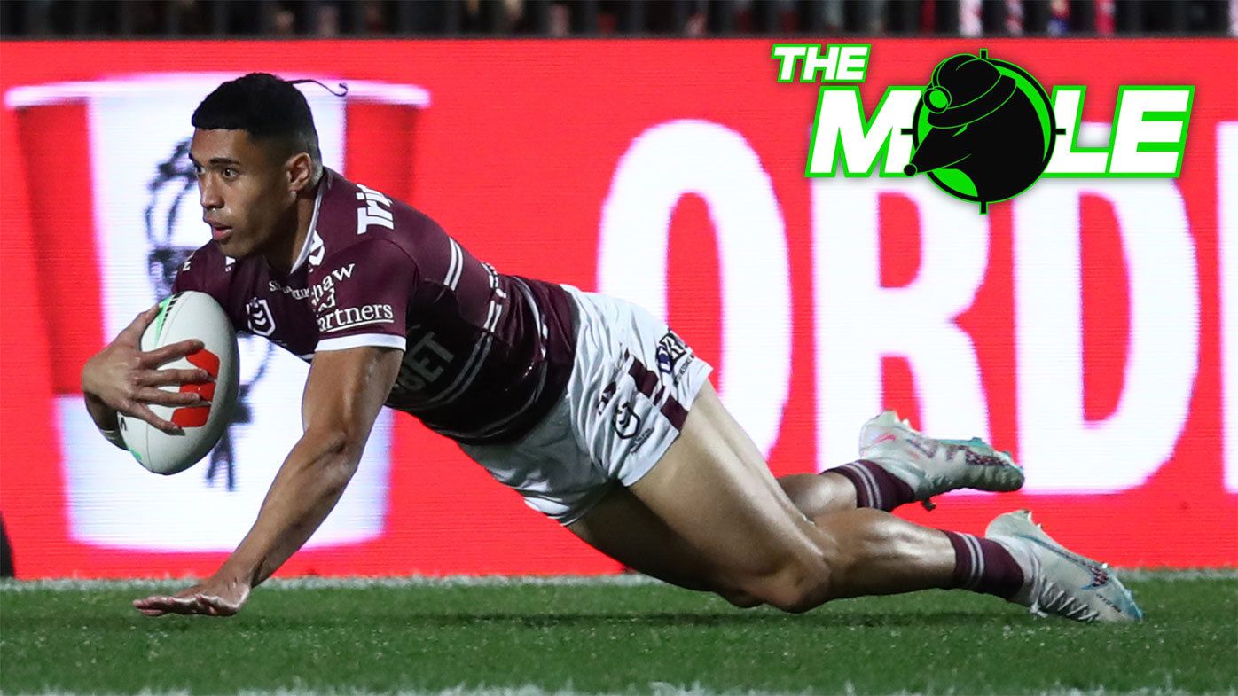 Tolu Koula scores a try for Manly in its round 27 rout of the Wests Tigers.