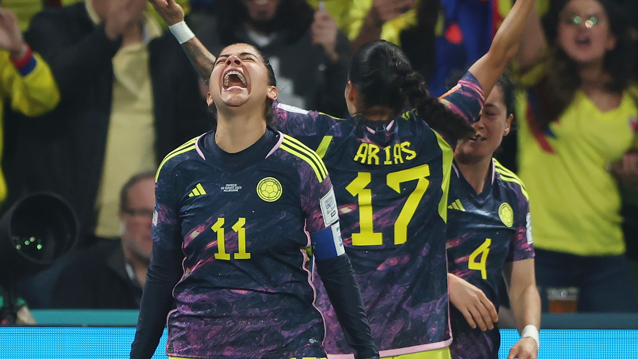 Catalina Usme celebrates after scoring the only goal of Colombia&#x27;s round of 16 victory over Jamaica.