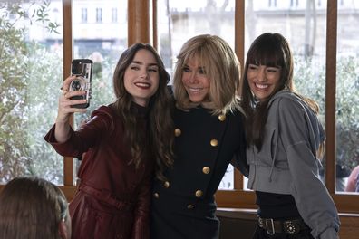 L-R: Lily Collins, French President Emmanuel Macron's wife Brigitte Macron and Thalia Besson