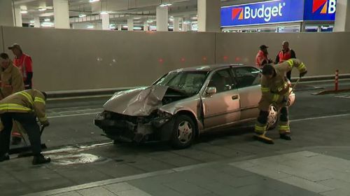 The driver of an out-of-control car and the three people he struck at Adelaide Airport overnight have stabilised in hospital today. Picture: 9NEWS.