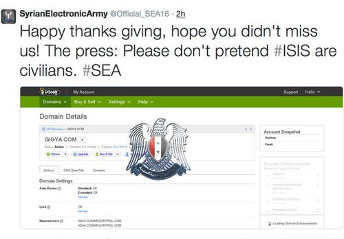 The Syrian Electronic Army shares their "thanks giving" (sic) message on Twitter. 