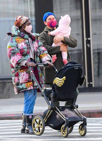 Jodie Turner-Smith, Joshua Jackson and their new baby are seen walking in SoHo on January 15, 2021 in New York City