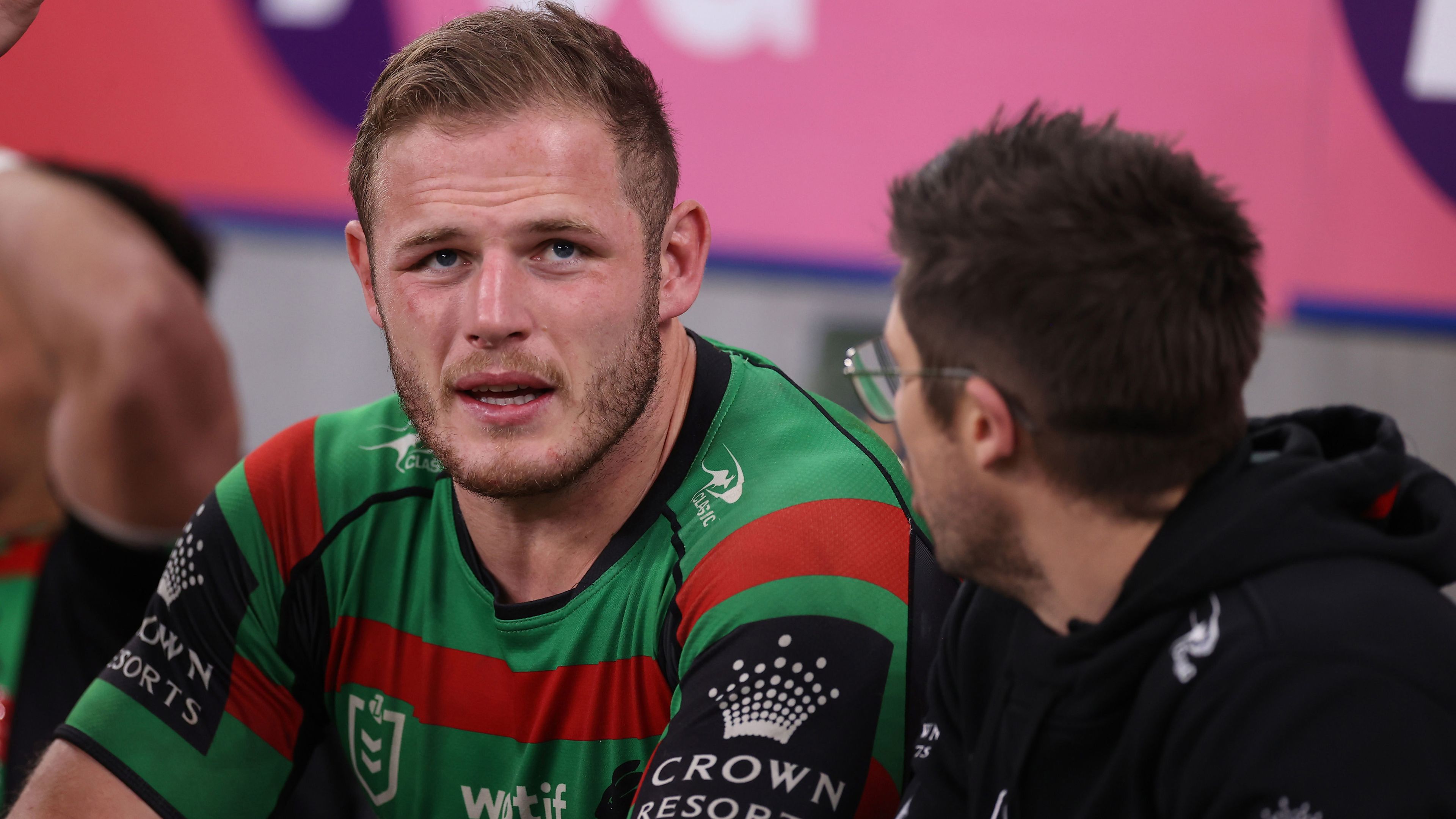 Tom Burgess looks on from the sidelines during the Rabbitohs&#x27; finals clash against the Roosters.