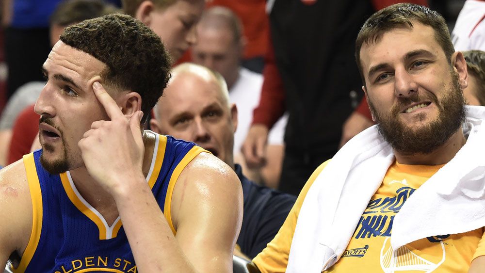 Klay Thompson and Andrew Bogut during their time as Warriors teammates. (Getty Images)