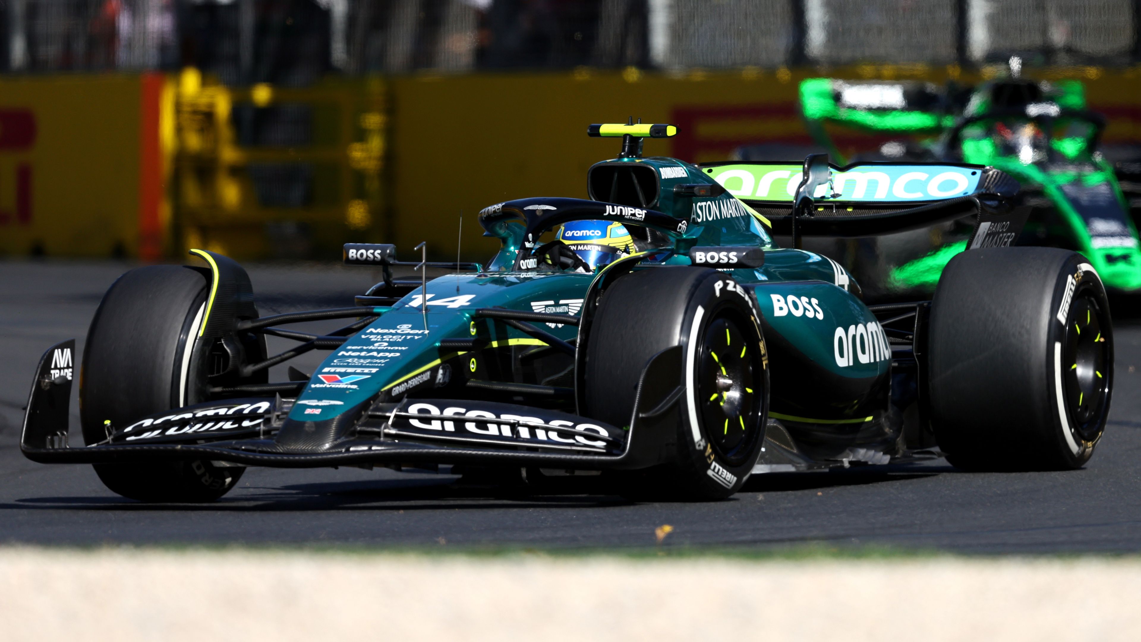 Fernando Alonso of Spain driving the Aston Martin AMR24 at turn six.