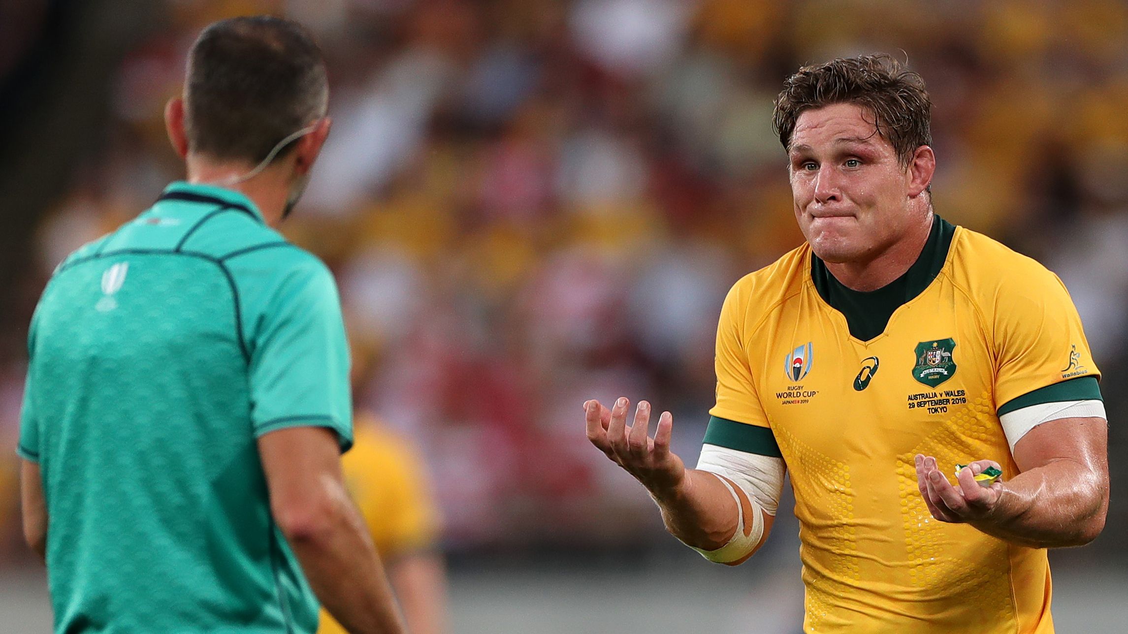 Michael Hooper pleads with the referee in the Wallabies&#x27; loss to Wales.