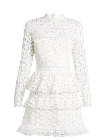 <p><a href="http://www.matchesfashion.com/au/products/Self-portrait-High-neck-star-lace-tiered-mini-dress-1076846" target="_blank">Self Portrait High-Neck Star-Lace Tiered Mini Dress, $354.</a></p>
<p>When you absolutely positively must wear white - make it special. Think tiers, lace, embroidery and cut outs.</p>