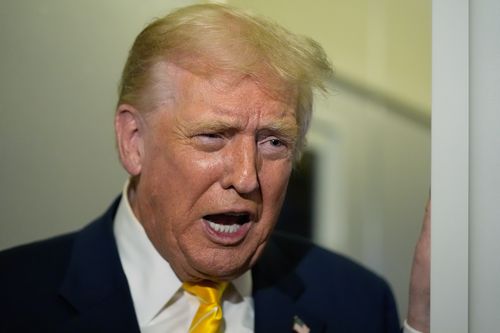 President Donald Trump speaks to reporters on Air Force One on his way to his Mar-a-Lago estate in Palm Beach, Fla., Friday, Nov. 14, 2025. (AP Photo/Manuel Balce Ceneta)