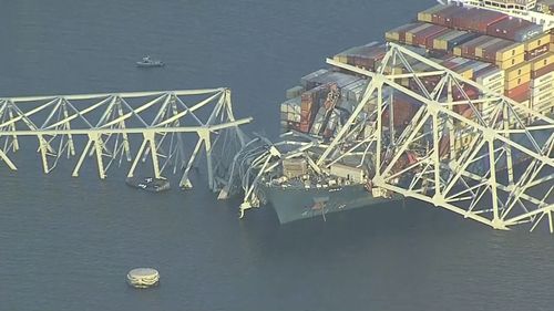 Parts of the Francis Scott Key Bridge remain after a container ship collided with a support Tuesday, March 26, 2024 in Baltimore.  