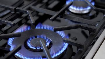Flames emerge from burners on a natural gas stove.