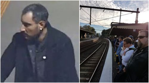 Police are searching for the man pictured (left), believed to be responsible for dumping a suspicious device which sparked commuter chaos. (Victoria Police/ Supplied via Phil Ridout)