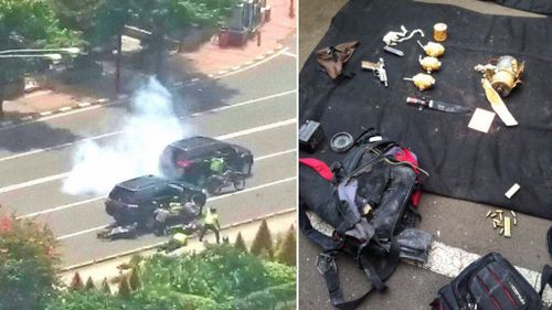 Police firing at the terrorists (left), who were equipped with suicide vests and automatic weapons (right).