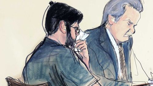 In this courtroom sketch former pharmaceutical CEO Martin Shkreli, left, is seated next to his lawyer Ben Brafman. (AP)