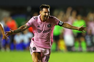 FORT LAUDERDALE, FLORIDA - JULY 21: Lionel Messi #10 of Inter Miami CF celebrates after kicking the game winning goal during the second half of the Leagues Cup 2023 match between Cruz Azul and Inter Miami CF at DRV PNK Stadium on July 21, 2023 in Fort Lauderdale, Florida. (Photo by Mike Ehrmann/Getty Images)