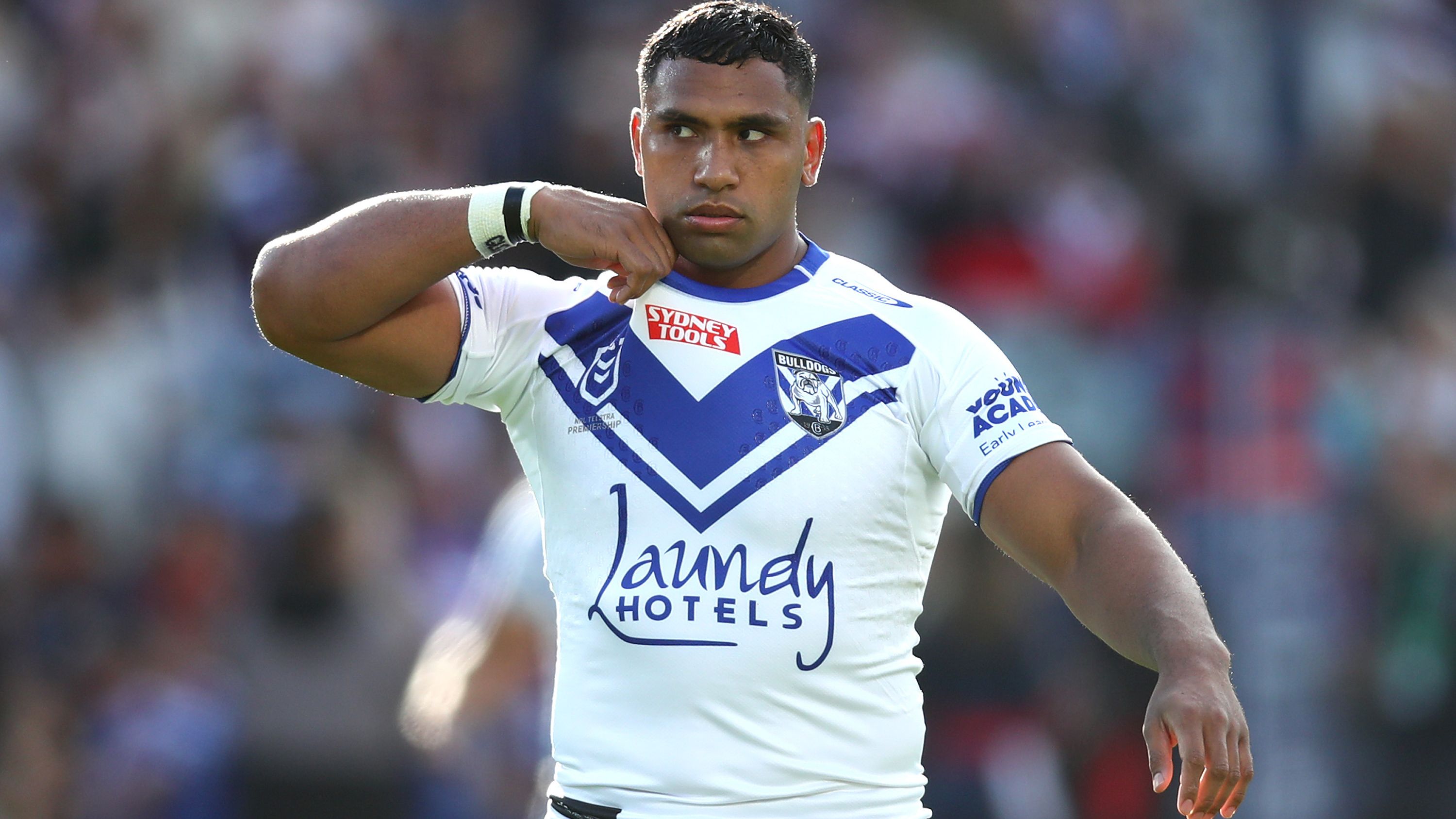 Tevita Pangai Junior of the Bulldogs looks on during the round 14 NRL match between Sydney Roosters and Canterbury Bulldogs at Central Coast Stadium on June 04, 2023 in Gosford, Australia. (Photo by Jason McCawley/Getty Images)