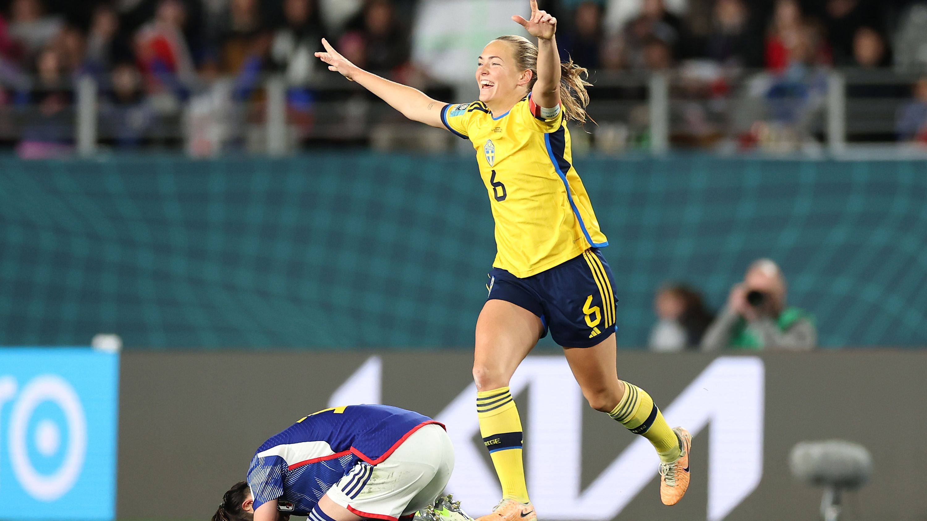 AUCKLAND, NEW ZEALAND - AUGUST 11: Magdalena Eriksson of Sweden celebrates her team&#x27;s 2-1 victory and advance to the semi final following the FIFA Women&#x27;s World Cup Australia &amp; New Zealand 2023 Quarter Final match between Japan and Sweden at Eden Park on August 11, 2023 in Auckland, New Zealand. (Photo by Buda Mendes/Getty Images)