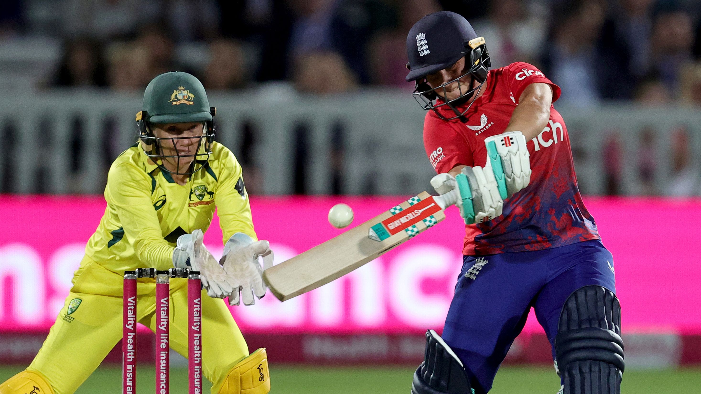 Alice Capsey of England plays the ball to the boundary during the Women&#x27;s Ashes 3rd Vitality IT20 match between England and Australia at Lord&#x27;s Cricket Ground on July 08, 2023 in London, England. (Photo by David Rogers/Getty Images)