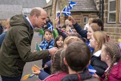 MORAY, SCOTLAND - NOVEMBER 02: Prince William, Prince of Wales known as the Duke of Rothesay when in Scotland, meets pupils from Burghead Primary School taking part in Outfit Moray, an award-winning charity delivering life-changing outdoor learning and adventure activity programmes to young people on November 02, 2023 in Moray, Scotland. Prince William, Duke of Rothesay and Catherine, Duchess of Rothesay are visiting Scotland to meet organisations supporting rural communities and those working p