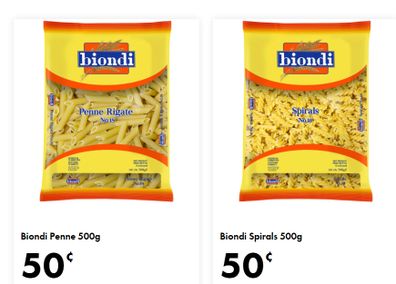 This week at The Reject Shop there are at least four varieties of dried pasta for 50c each.